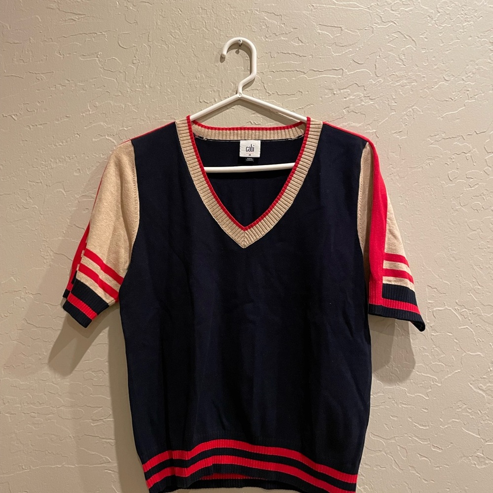 CAbi Navy short sleeve Sweater with Red and Cream Trim